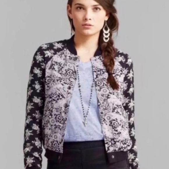 Free People Jackets & Blazers - Free People Bomber Jacket Black Purple Floral Snap Close Lightweight Boho Size S